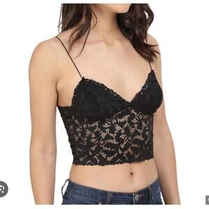 Free People Intimately Black Lace Longline Brami Bralette Spaghetti Strap Crop L
